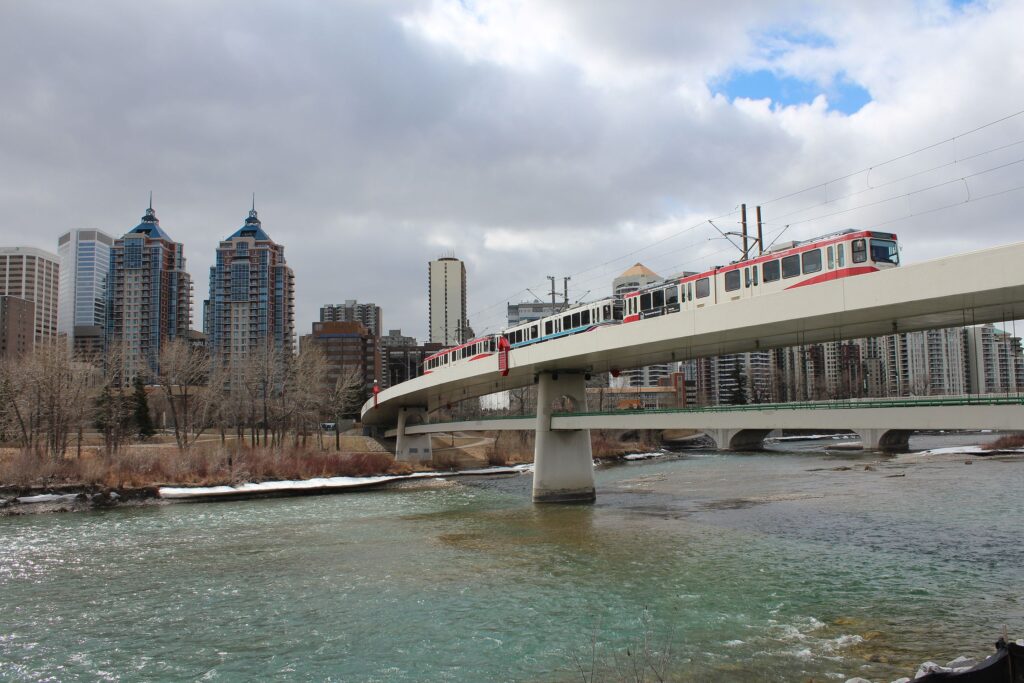 Calgary LRT three car train crossing Bow River northbound 2013 1024x683